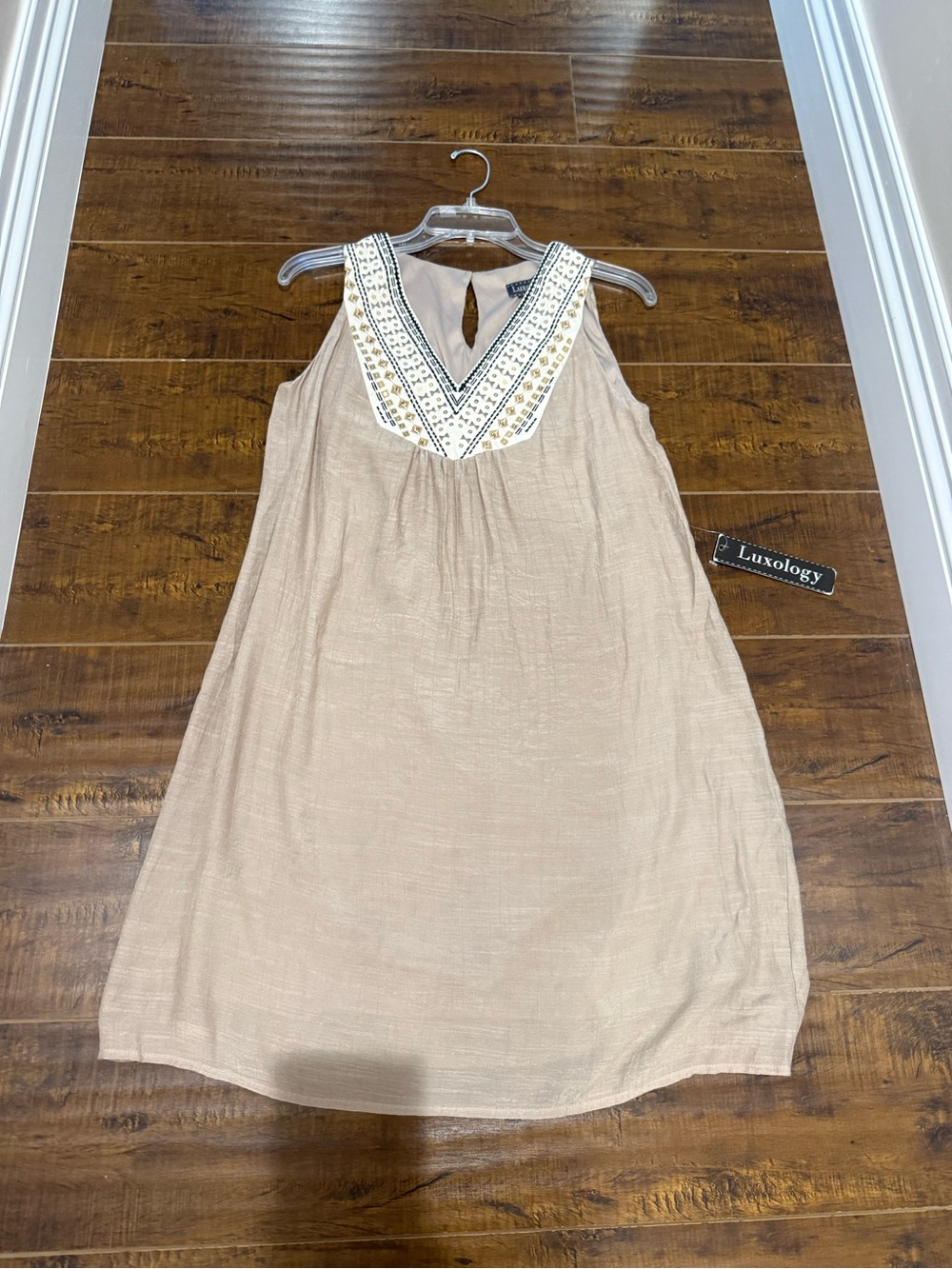 Luxology Beige Sleeveless Dress with V-Neck Embroidery
